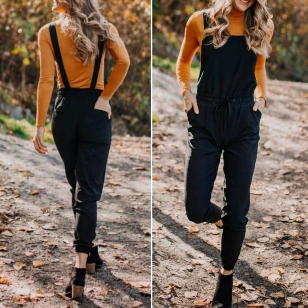 Albion Black Square Neck Overall Jumpsuit Sz Small Cinch Waist Adjustable Straps